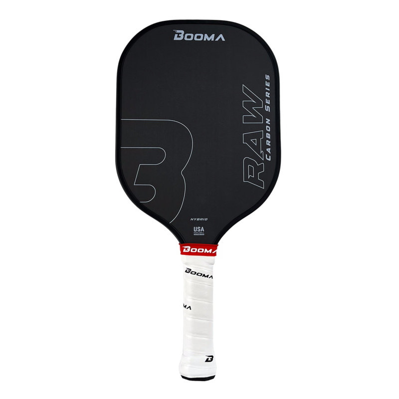 Image of a BOOMA Raw Carbon Hybrid pickleball paddle.